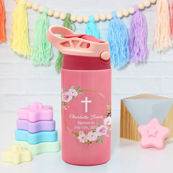 Personalized Floral Leaf Wreath Cross 12 oz Name Insulated Water Bottle with Silicone Straw and Spill-Proof Lid First Communion Baptism Gift for Kids
