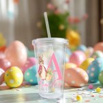 Vaso acrílico doble de 16 oz personalizado con la inicial de Peter Rabbit, con pajita y tapa Regalo de cumpleaños para niños para la fiesta de Pascua