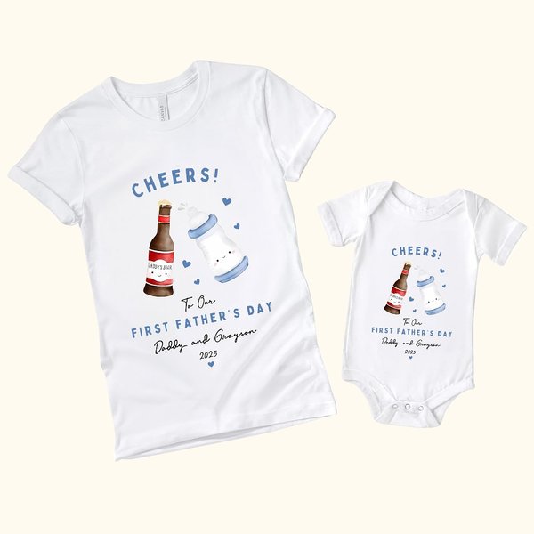 Personalised Beer Milk Bottle Cheers 100% Cotton T-shirt Baby Onesie with Name First Father's Day Gift for Newborn New Dad