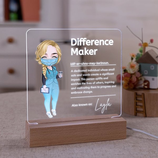 Personalized Difference Maker Cartoon Medical Character LED Night Light with Wooden Base Birthday Gratitude Gift for Nurse Doctor Medical Staff