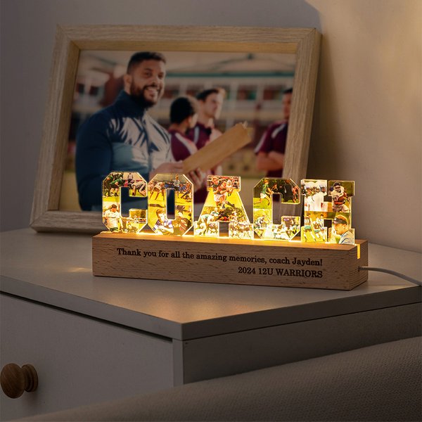 Diseño personalizado del entrenador 10 fotos Collage LED Luz de noche con texto grabado y base de madera Cumpleaños Jubilación Equipo Apreciación Regalo para el entrenador