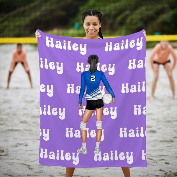 Personalized Multicolor Cartoon Volleyball Girl Soft Throw Blanket with Name and Number Home Decor Game Day Birthday Gift for Volleyball Lovers Women