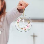 Personalized Floral Leaf Cross Ornament with Name Birthday Baptism Christening Gift for Boys Girls