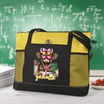 Personlig Highland Cow Mesh-fickor Oxford Tote Bag med namn och dragkedja Tillbaka till skolan Examen Lärarens dag Present för akademiker Lärare