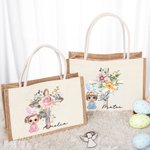 Gepersonaliseerde Cartoonfiguur Kruis 1-5 Geboorte Bloemen Grote Jute Draagtas met Naam en Handvat Pasen Religieus Geschenk voor Familie Christen