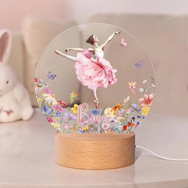 Personalised Ballet Girl Birth Flower Butterfly LED Night Light with Name and Wooden Base Room Decor Birthday Gift for Ballerina Ballet Lover
