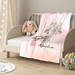 Personalizada Floral Cruz 1-5 Nacimiento Flores Conejito Orejas Personaje de dibujos animados suave manta con nombre Pascua decoración del hogar regalo de cumpleaños para los niños