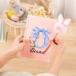 Personalised Cute Easter Bunny Initial A5 Lined Page Spiral Notebook with Name and Bunny Pom Pen Easter Back to School Gift for Kids