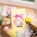 Personalised Cute Easter Bunny Initial A5 Lined Page Spiral Notebook with Name and Bunny Pom Pen Easter Back to School Gift for Kids