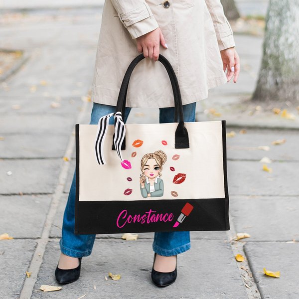 Personalized Fashion Cartoon Girl Lipstick Design Large Canvas Tote Bag with Name Holiday Birthday Gift for Women Girls