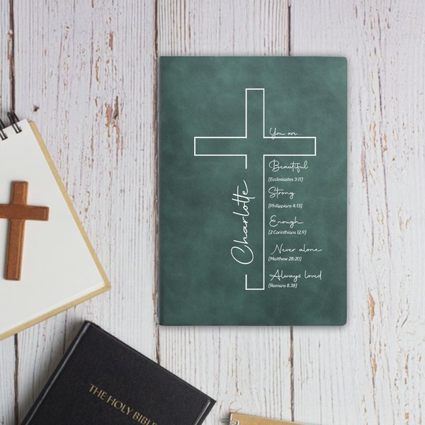 Personlig bibelvers korsnavn A5 A6 lærbok med 200 linjerte sider dåp Graduering Bursdagsgave til kristen kontormedarbeider