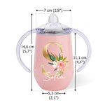 Gobelet Isotherme 295 ml Personnalisé avec Initiale Floral et Nom Bouteille avec Poignée Cadeau Anniversaire pour Enfant Bébé