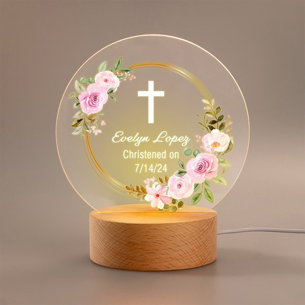 Personalised Flower Leaf Wreath Cross LED Night Light with Text and Wooden Base Home Decor Baptism Confirmation Baby Shower Gift for Kids
