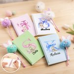 Personalised Cute Easter Bunny Initial A5 Lined Page Spiral Notebook with Name and Bunny Pom Pen Easter Back to School Gift for Kids