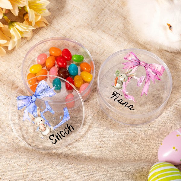 Personalised Cute Easter Bunny Bow Initial Clear Round Sweets Treat Box with Name Holiday Basket Stuffers Easter Party Favors Gift for Kids