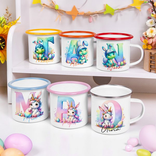 Tazza smaltata con bordo colorato da 12 once con nome, regalo di compleanno di Pasqua per bambini e famiglia.
