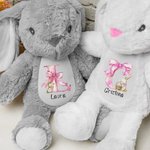 Peluches personalizados con conejito de Pascua y lazo rosa elegante con inicial y nombre regalo de Pascua para niños