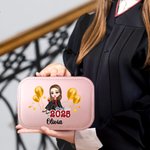 Gepersonaliseerde ballon afstuderen Cartoon Girl naam lederen sieraden doos met LED driekleur verstelbare make-up spiegel afstuderen verjaardagscadeau voor vrouwen