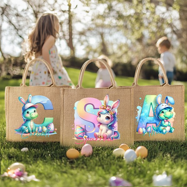 Personifierad Fantasy Unicorn Dinosaurie Initial Stor Jute Tote Bag med namn Påskäggsjakt Partygåva för pojkar Flickor