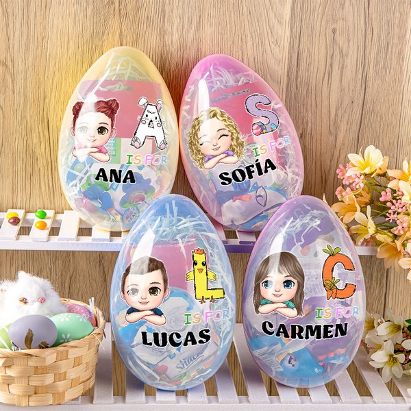 Huevo de Pascua grande rellenable personalizado con nombre inicial con temática de conejito y personaje regalo de Pascua para niños
