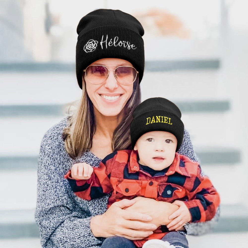 Personalized Birth Flower Soft Knitted Beanie Hat with Embroidered Name