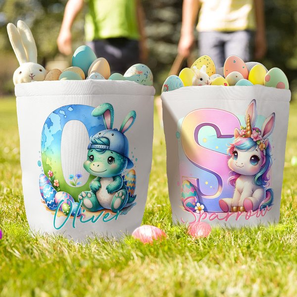 Personalised Cute Fantasy Unicorn Dinosaur Canvas Easter Basket with Initial and Name Party Favor Eggs Hunting Easter Gift for Kids