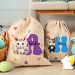 Personalized Watercolor Floral Bunny Name Drawstring Gift Bag with Initial Easter Party Egg Hunting Birthday Gift for Boys Girls