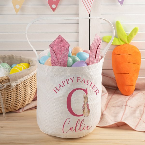 Personalised Happy Easter Cute Peter Rabbit Bunny Ears Easter Basket with Initial and Name Easter Egg Hunt Party Favors Birthday Gift for Boys Girls