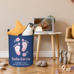 Personalized Baby Footprint Waterproof Laundry Storage Basket with Name and Birth Information Baby Shower Housewarming Gift for Kids Family