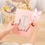 Personalized Easter Bunny Floral Initial Spiral Notebook and Pom Pom Pen Set with Name Back to School Easter Gift for Boys Girls
