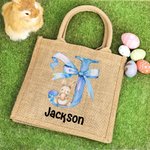 Personalized Cute Bow Easter Bunny Eggs Jute Tote Bag with Name and Initial Travel Accessories Birthday Easter Party Gift for Boys Girls
