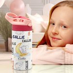 Personalizado lindo elefante Luna 12 oz niño aislado Nombre Botella de agua con asa y pajita de silicona Cumpleaños Volver a la escuela Regalo para Niño Niña