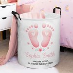 Personalized Baby Footprint Waterproof Laundry Storage Basket with Name and Birth Information Baby Shower Housewarming Gift for Kids Family