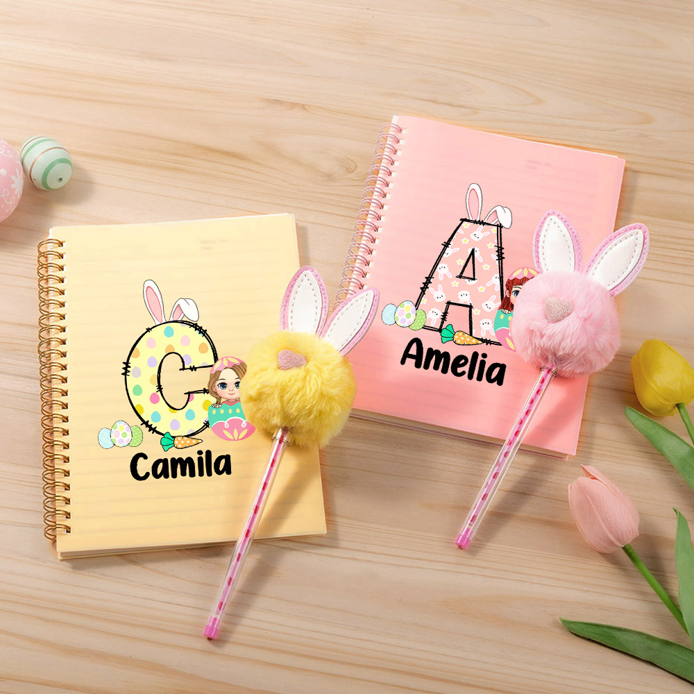 Cahier à spirales et parure de stylos Pom Pom avec initiales et nom Cadeau de Pâques personnalisé pour garçons filles