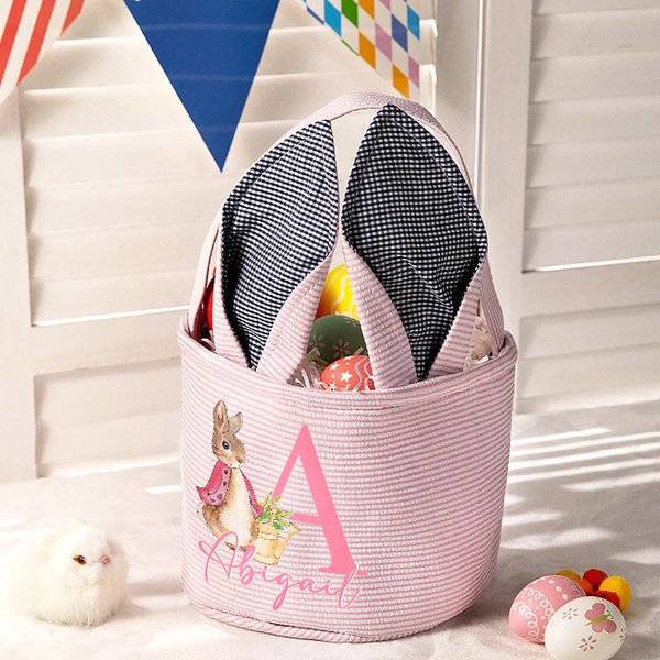 Personalized Cute Peter Rabbit Ears Canvas Stripe Easter Basket with Name and Initial Party Favor Eggs Hunting Easter Gift for Kids