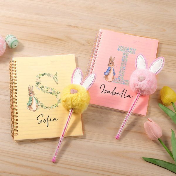 Personalized Easter Bunny Floral Initial Spiral Notebook and Pom Pom Pen Set with Name Back to School Easter Gift for Boys Girls