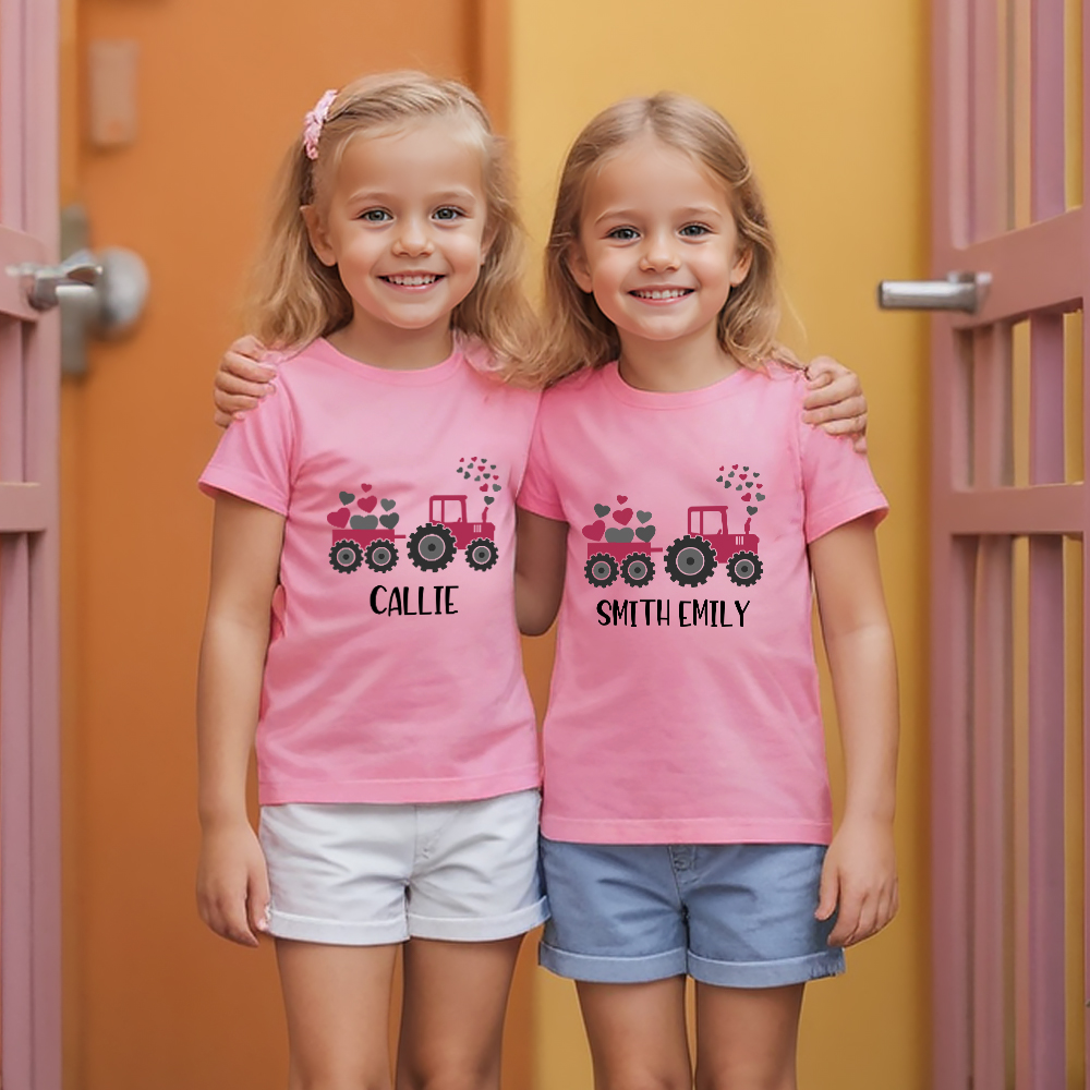 T-shirt personnalisé avec nom pour bébé - Cœur de tracteur - 100% coton - Anniversaire - Saint-Valentin - Cadeau pour bébé - Tout-petits