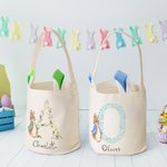 Personalized Cute Peter Rabbit Floral Initial Design Reusable Bunny Ears Basket with Name Party Favor Easter Hunting Birthday Gift for Kids Family