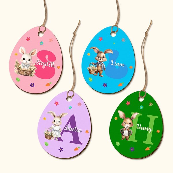 Personalised Cute Bunny Initial Easter Egg Shape Wood Tag with Name Easter Party Gift for Boys Girls