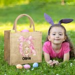 Personalized Cute Bow Easter Bunny Eggs Jute Tote Bag with Name and Initial Travel Accessories Birthday Easter Party Gift for Boys Girls