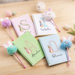 Personalized Easter Bunny Floral Initial Spiral Notebook and Pom Pom Pen Set with Name Back to School Easter Gift for Boys Girls