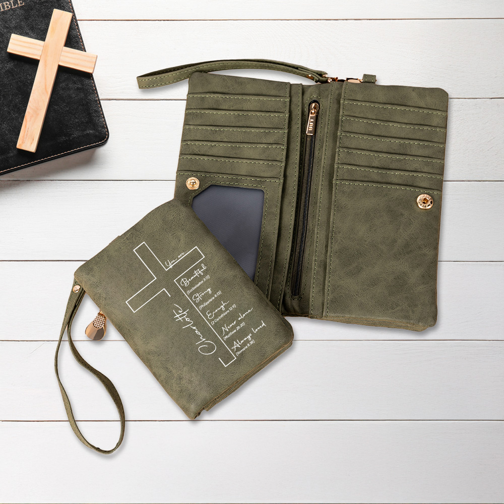 Personalized Cross Bible Verse Wristlet Tri-fold Leather Wallet with ...