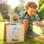 Personalized Cute Bow Easter Bunny Eggs Jute Tote Bag with Name and Initial Travel Accessories Birthday Easter Party Gift for Boys Girls