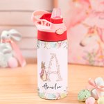 Personalised Cute Peter Rabbit Floral Initial 12 oz Insulated Water Bottle with Silicone Straw and Spill-Proof Lid Easter Back to School Gift for Kids
