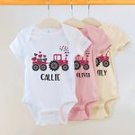 Personalized Cute Tractor Heart 100% Cotton Baby Bodysuit T-shirt with Name Birthday Anniversary Valentine's Day Gift for Infants Toddlers