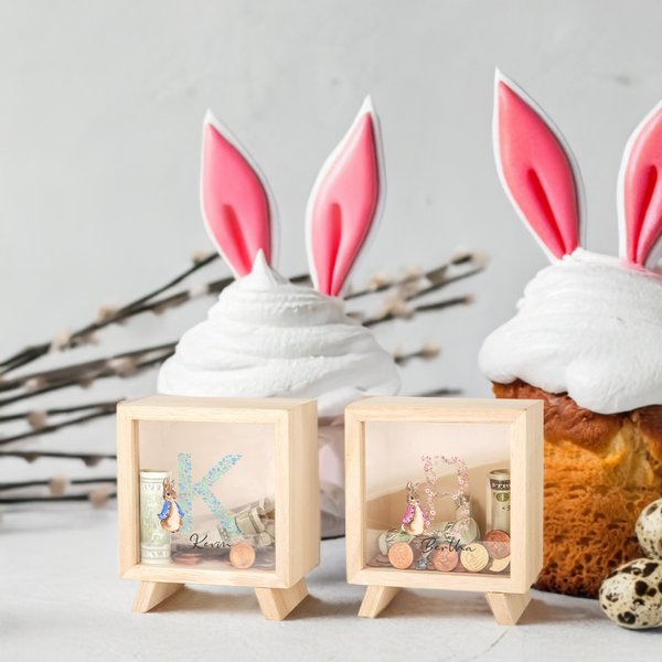 Personalised Cute Peter Rabbit Floral Initial Name Wooden Clear Money Box Piggy Bank Easter Holiday Birthday Educational Gift for Kids