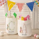 Personalized Cute Peter Rabbit Floral Initial Design Reusable Bunny Ears Basket with Name Party Favor Easter Hunting Birthday Gift for Kids Family