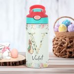 Personalised Cute Peter Rabbit Floral Initial 12 oz Insulated Water Bottle with Silicone Straw and Spill-Proof Lid Easter Back to School Gift for Kids