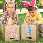 Personalized Cute Bow Easter Bunny Eggs Jute Tote Bag with Name and Initial Travel Accessories Birthday Easter Party Gift for Boys Girls