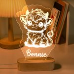 Personalized Highland Cow LED Night Light with Name and Wooden Base Home Decor Children's Day Birthday Gift for Kids Highland Cow Lover